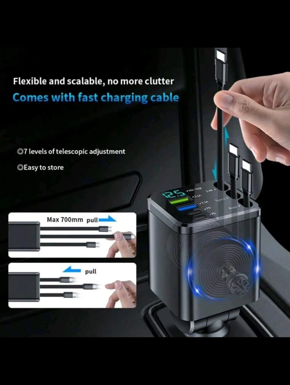 7in 1 Universal Black Car Charger with Multiple USB Ports and Digital Display